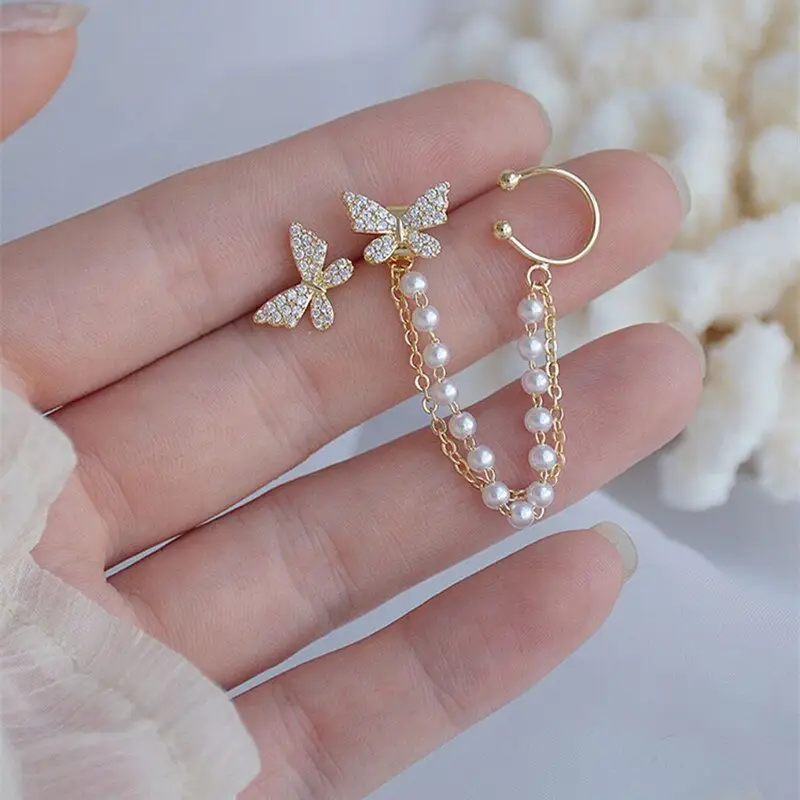 Ladies Fashion Rhinestone Butterfly Chain Earrings Punk Personality All-match Exquisite Asymmetrical Ear Clip - Image 2